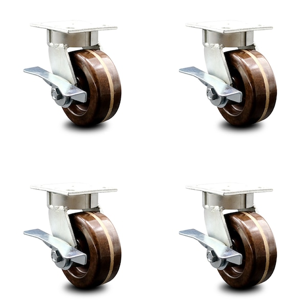 5 Inch Kingpinless High Temp Phenolic Wheel Swivel Caster Set with Brakes SCC